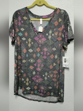 LuLaRoe Charcoal V-Neck Tee with Pink, Teal, Yellow & Orange Aztec Print